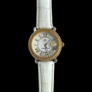 Judith Ripka White Leather Odyssey Floating Heart Diamonique Charm Watch